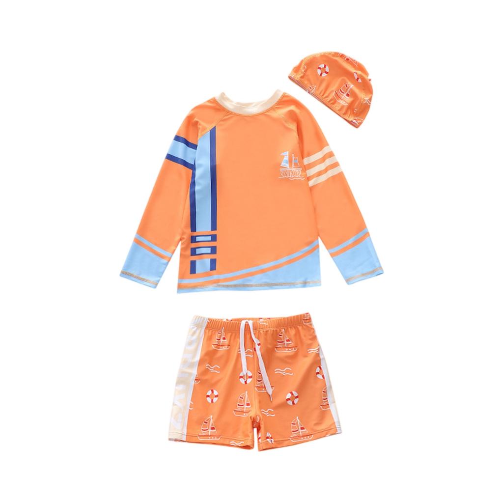 Boys Three Piece Swimwear Set Long Sleeve Rash Guard Swim Shirt Swim Shorts and Swim Cap Cartoon Print Lightweight Quick Dry