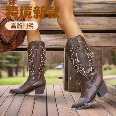 Retro bestickte Martin-Stiefel in Übergröße für Damen 2025 Herbst braun dicker Absatz ethnischer Stil Ritter Stiefeletten Western Cowboy Stiefel für Damen