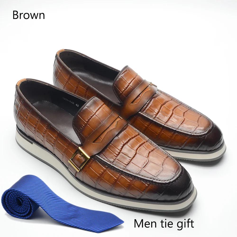 

Mens Genuine Cow Leather Casual Shoes Black Brown Flat Penny Loafers Men Shoes with Single Buckle Business Office Mocassins Man 46