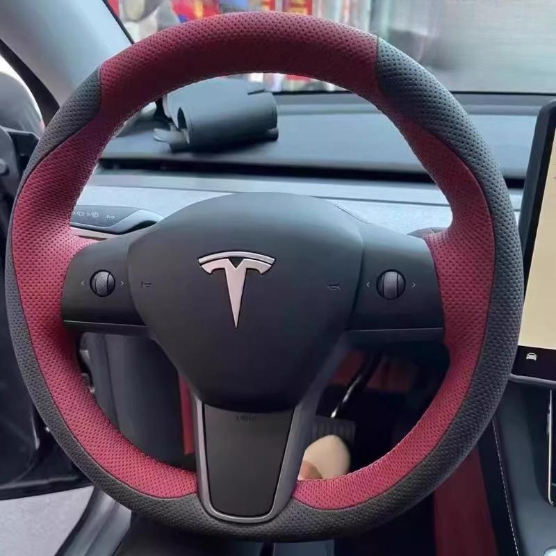 

Для Tesla Model 3 Model Y 2018- Черно-красная кожаная чехол на руль автомобиля, сшитый вручную, нескользящий 1