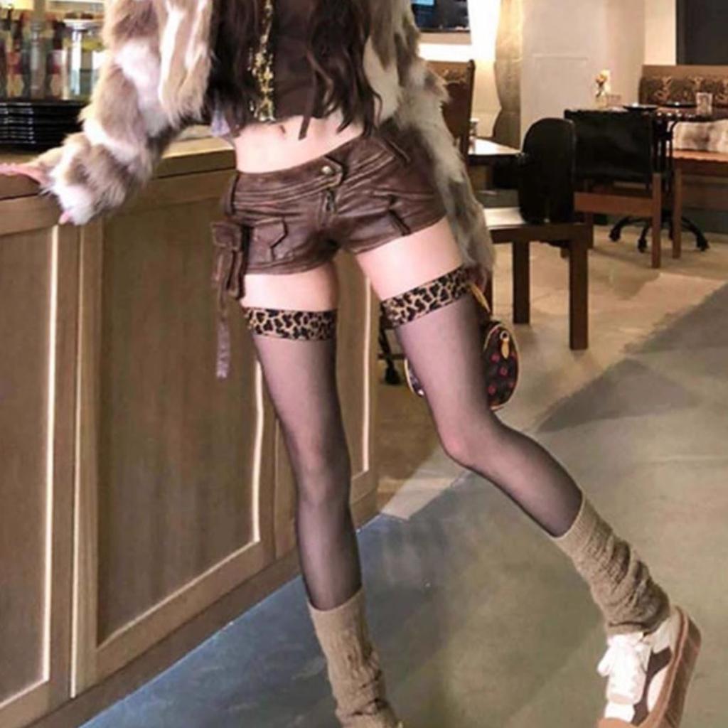 Ponożki jedwabne Aurora w panterkę, seksowne i delikatne, błyszczące, do połowy uda, cienkie pończochy na wiosnę i jesień