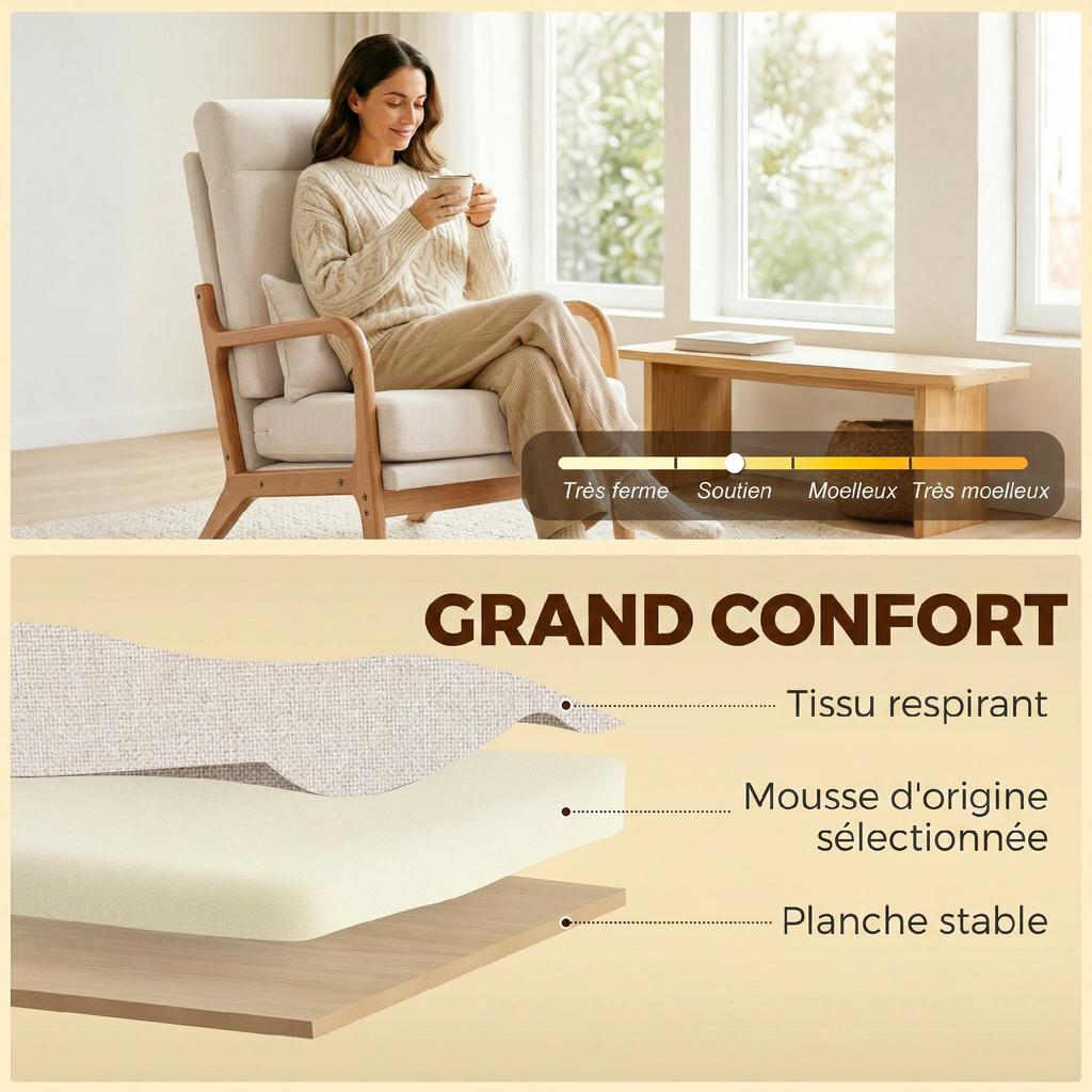 Lounge Chair, Linen Accent Chair, Lumbar Support, High Back, 64 x 86 x 93 cm, Cream