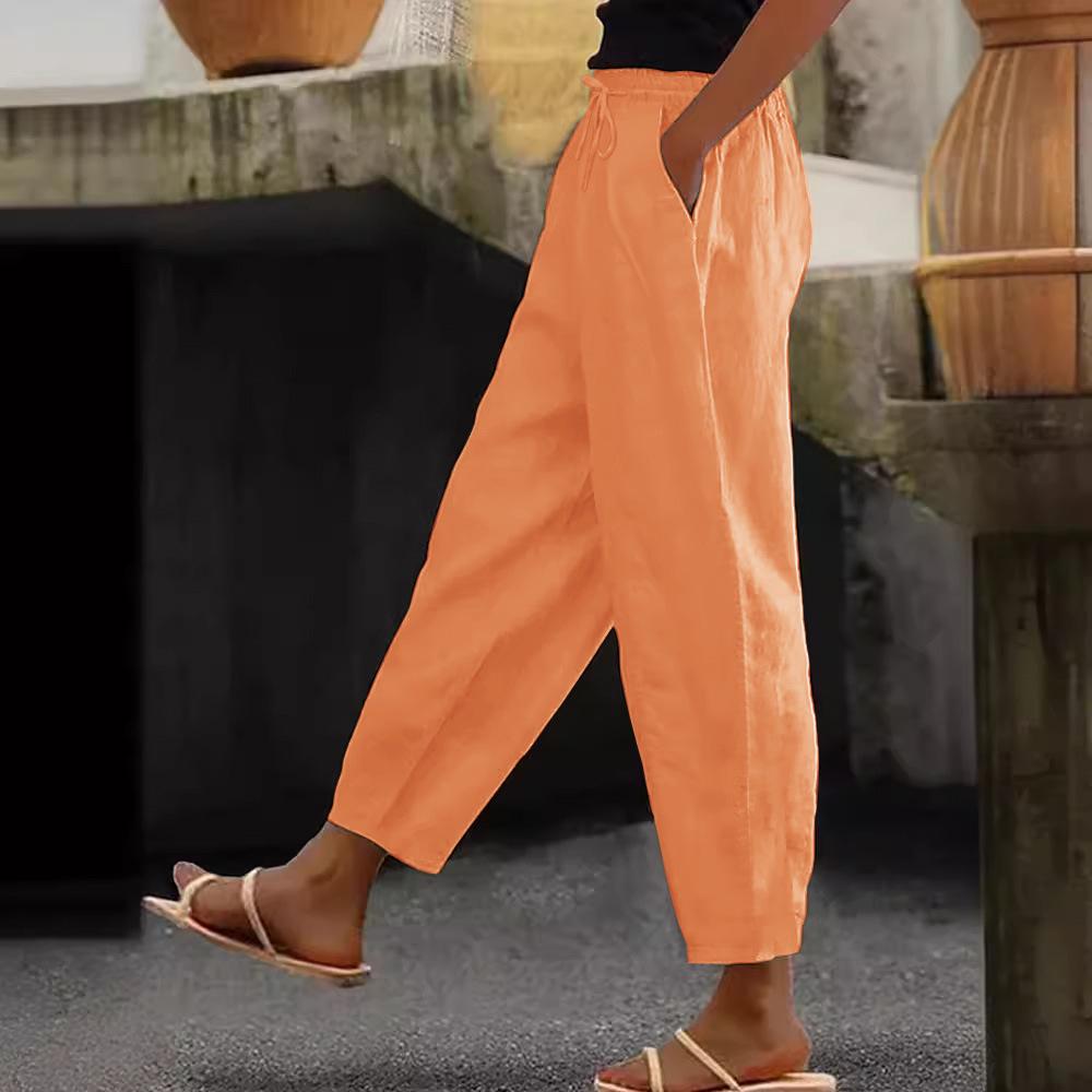 Women's Cotton Linen Solid Color Elastic Waist Casual Pants with Side Pockets, Suitable for Spring and Autumn