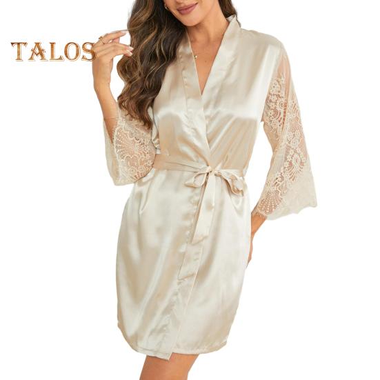 

Женский кружевной халат-кимоно, сексуальная сетчатая сорочка, облегающая ночная рубашка, короткий атласный халат для невесты и подружки невесты, V-образный вырез, рукав 3/4, одежда для сна XL шампанского