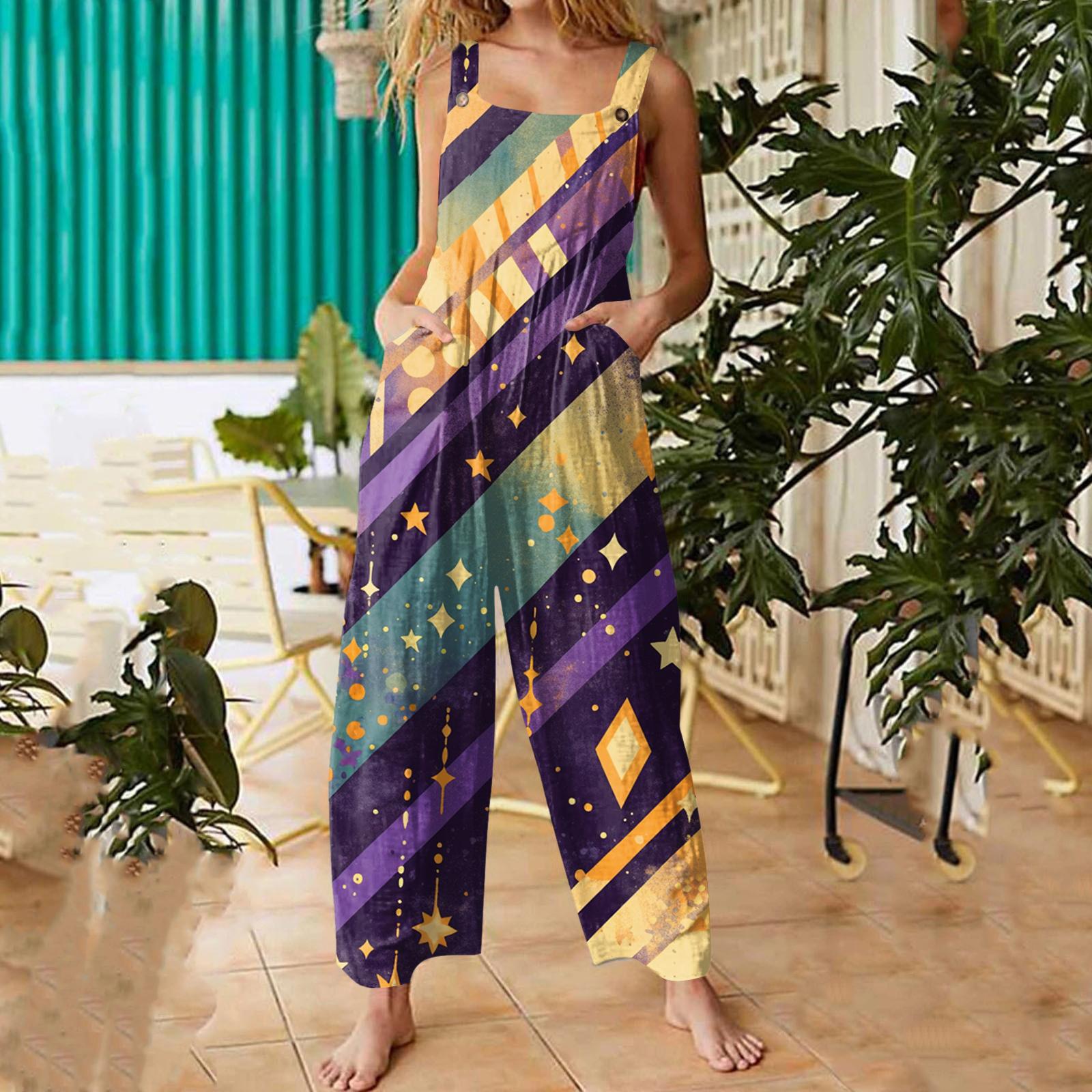 

Womens Casual Overalls Jumpsuits Adjustable Straps Sleeveless Carnival Print Comfy Rompers With Pocket XXL фіолетовий