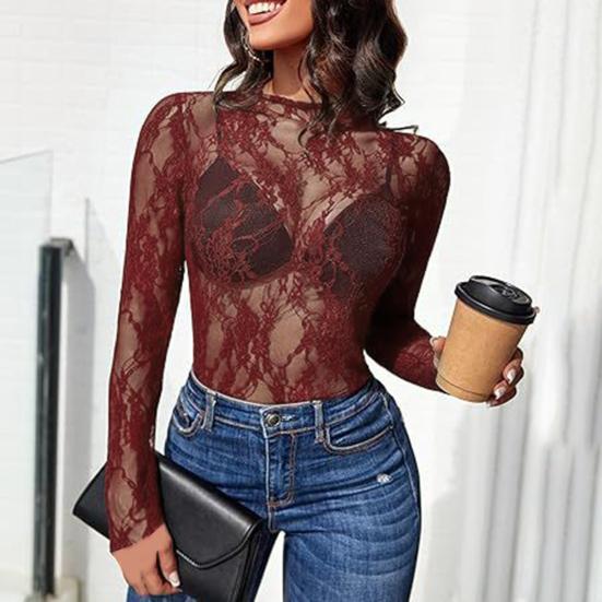Women Tops Mock Collar Long Sleeve Slim Fit Blouses Sexy See-through Floral Embroidered Lace Mesh Shirt