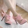 Fashion Black Pink White Heeled Women's Pumps Shoes Lace Up High Heels Shoes Female Lace Party Wedding Shoes Ladies 2024 Spring