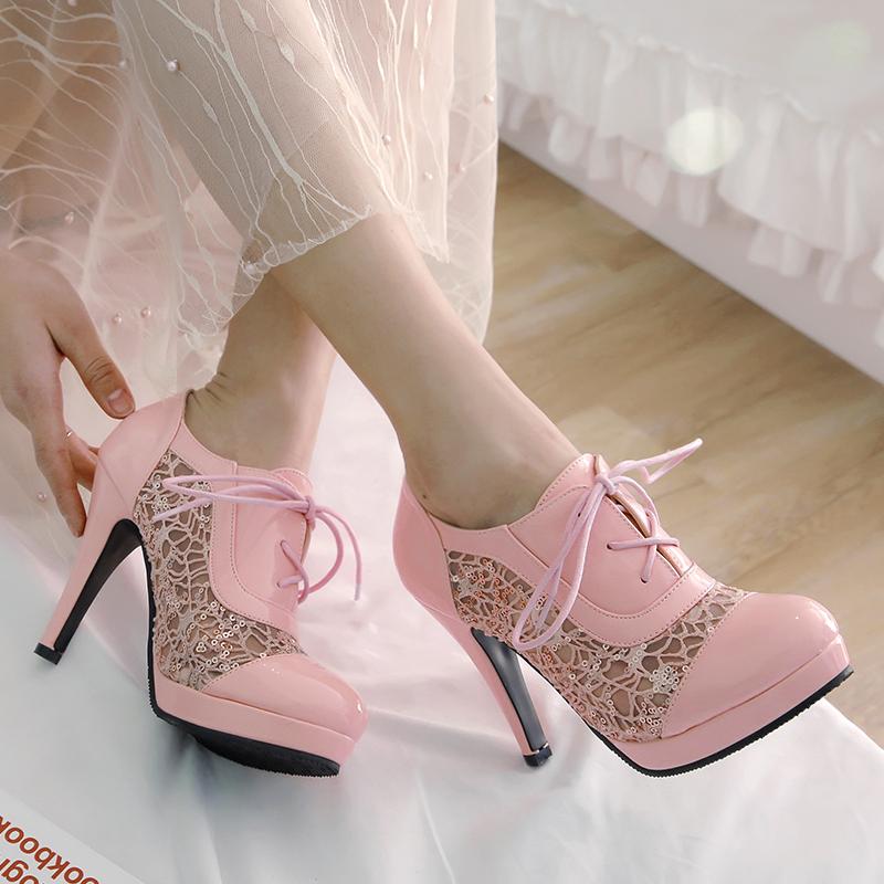 Fashion Black Pink White Heeled Women's Pumps Shoes Lace Up High Heels Shoes Female Lace Party Wedding Shoes Ladies 2024 Spring