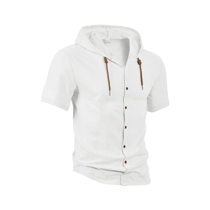 Mens Casual Solid Color Short Sleeve Hooded Button Up Shirt S белый