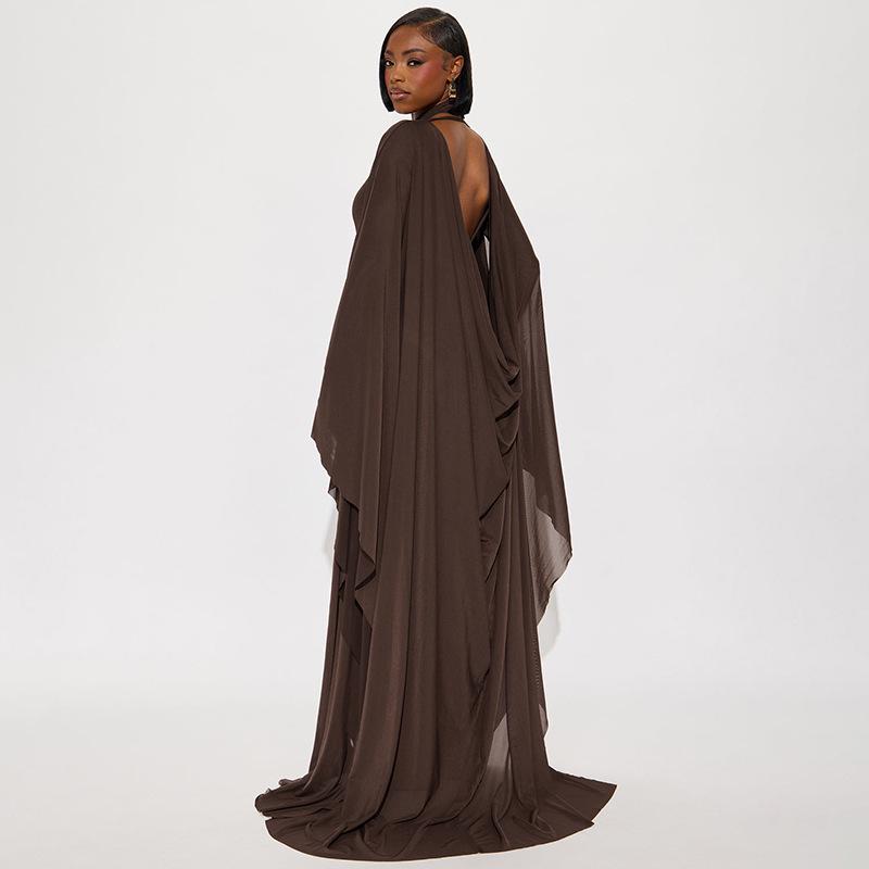 European & American Women's Backless Long Sleeve Pullover Dress with Mesh Shawl - Slimming Two-Piece Set