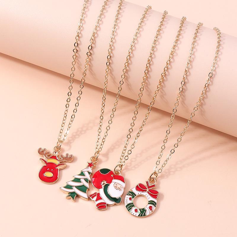 European & American Christmas Necklace Set: Reindeer, Cane, Santa Claus & Tree Pendants