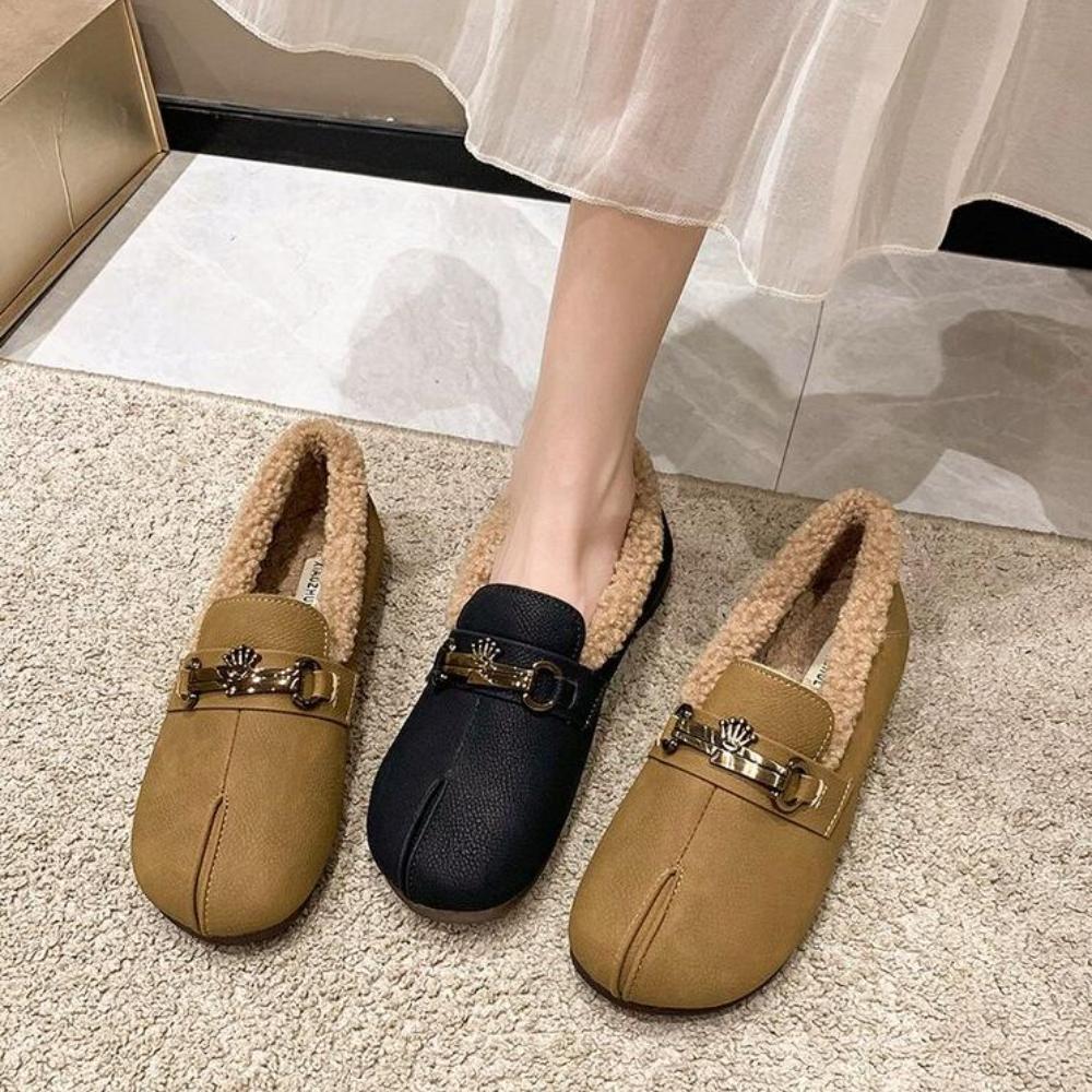 Chaussures Femme Ballerines Mocassins Fourrure Bout Rond Automne Décontracté Baskets Féminines Robe Mocassin Automne Hiver Loisirs Sangle à Boucle Flock Rubb