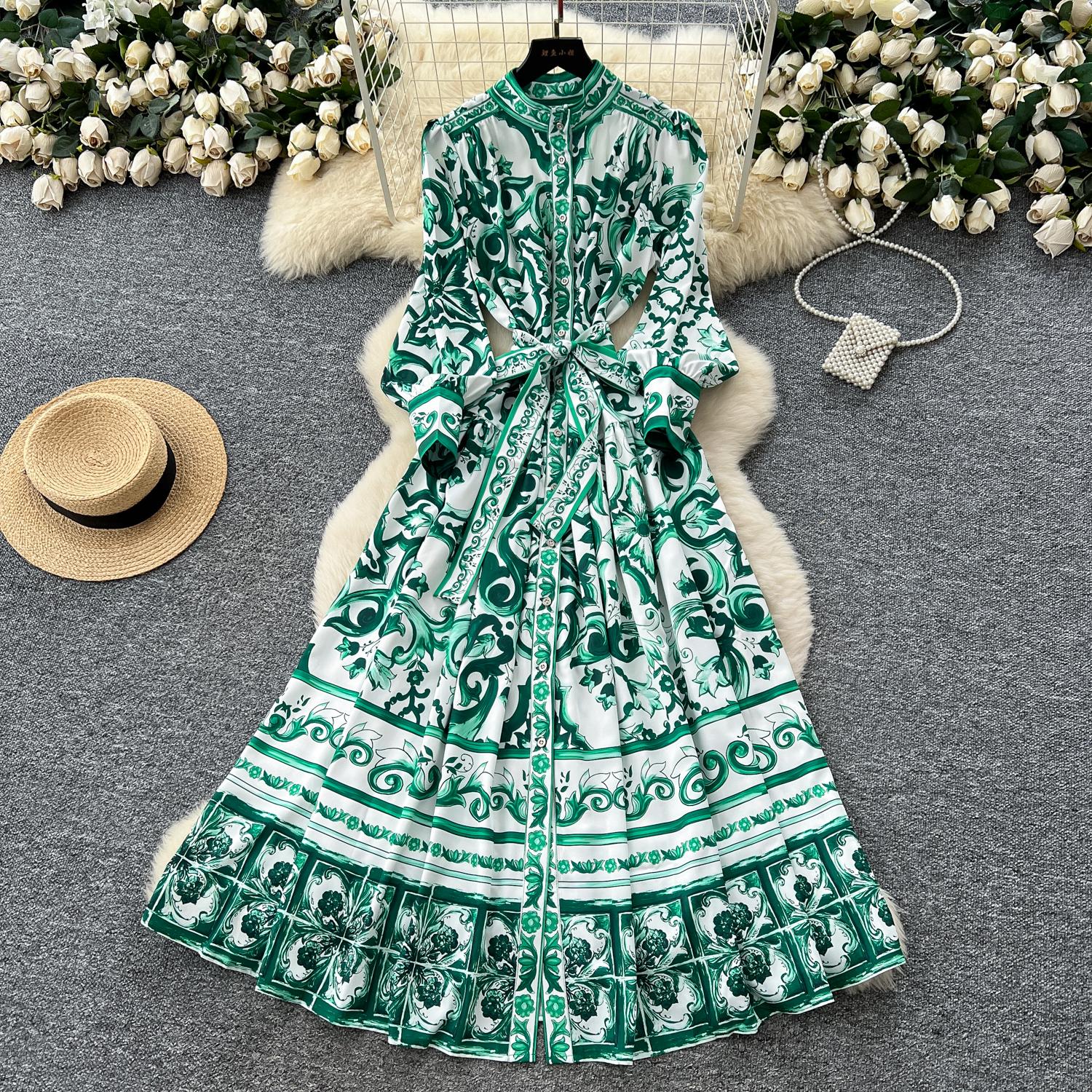 

Шикарное винтажное сексуальное платье с длинным рукавом, принтом, сборками, пуговицами, приталенное, элегантное, сказочное, в корейском стиле, бохо, сарафан, женская одежда, длинное платье XXL зелёный