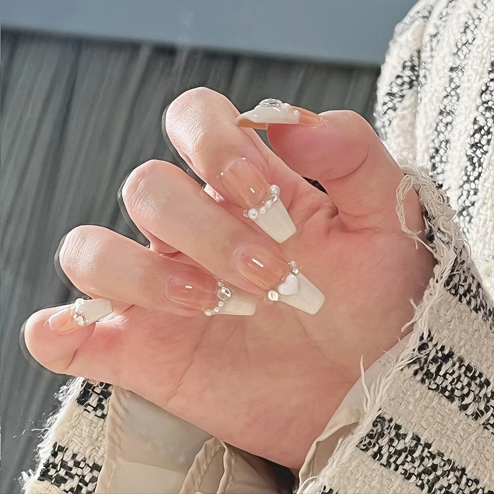 

24 шт. желейно-розовые накладные ногти с наклейками из искусственного жемчуга — долговечны и легко наносятся