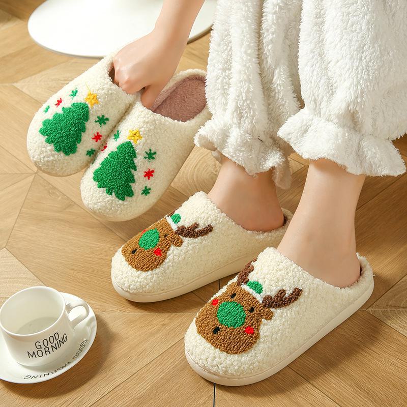 2024 Women's Cute Christmas Elk Plush Cotton Slippers - Cozy Winter Warm Home Shoes for Couples