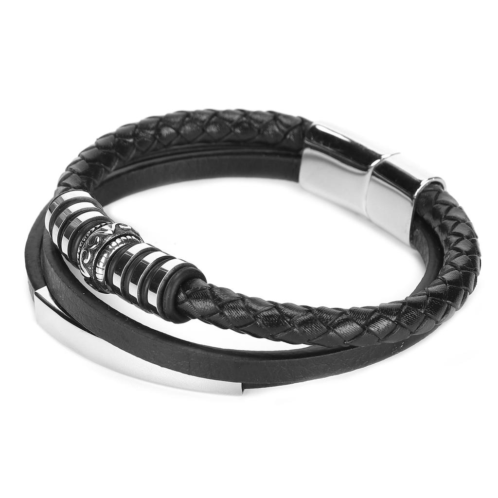 Men"s PU Leather Black Stainless Steel Wrist Band Cuff Bangle Bracelet Magnetic Clasp