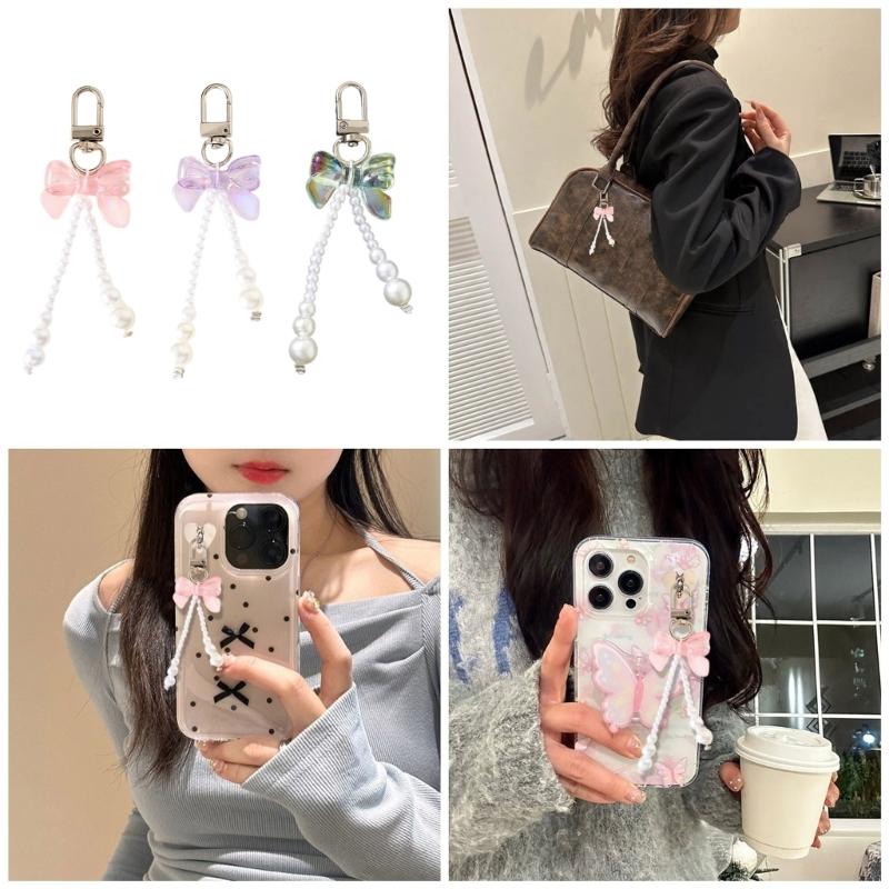 Bowknot Shaped Keychain Pendant Pearls Beaded Butterfly Knot Key Chain Fashionable Bow Ornament for Phones and Bag