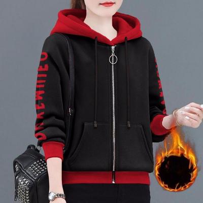 Composite Imitation Super Autumn and Winter Hooded Korean Style Loose Printed Thickened Slimming Zipper Short Jacket for Women