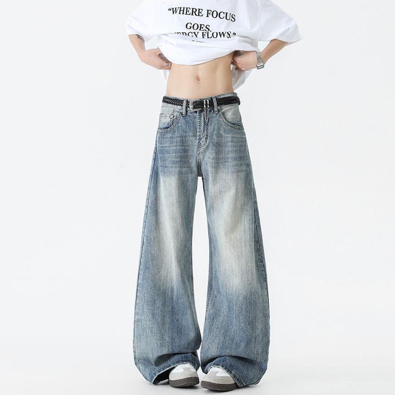 American Scimitar Jeans Men and Women Washed Old Trend Retro High Street Bamboo Loose Wide Legs Long Pants Mopping the Floor