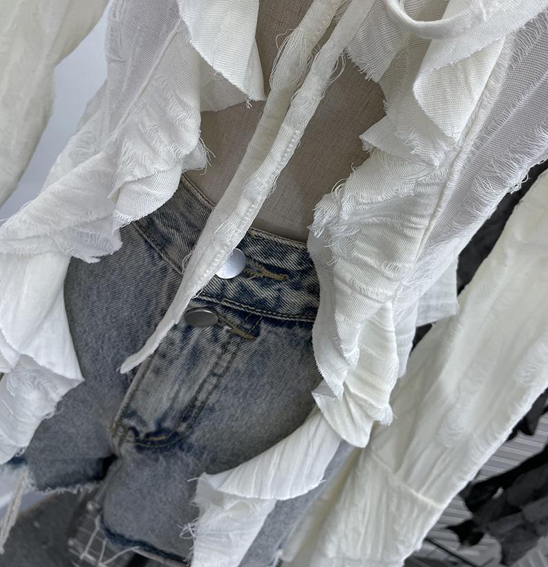 Post-Apocalyptic Style Ruffled Tie-Up Ripped Cardigan, Long-Sleeve Outer Layer