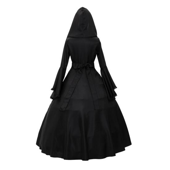 Dámské gotické šaty čarodějnice s kapucí, vintage středověké viktoriánské šaty, halloweenská renesanční cosplay róba na maškarní večírky, hraní rolí