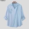 INCERUN Oversized Men Lapel Neck Long Sleeve Striped Patchwork Casual Shirts Tops 