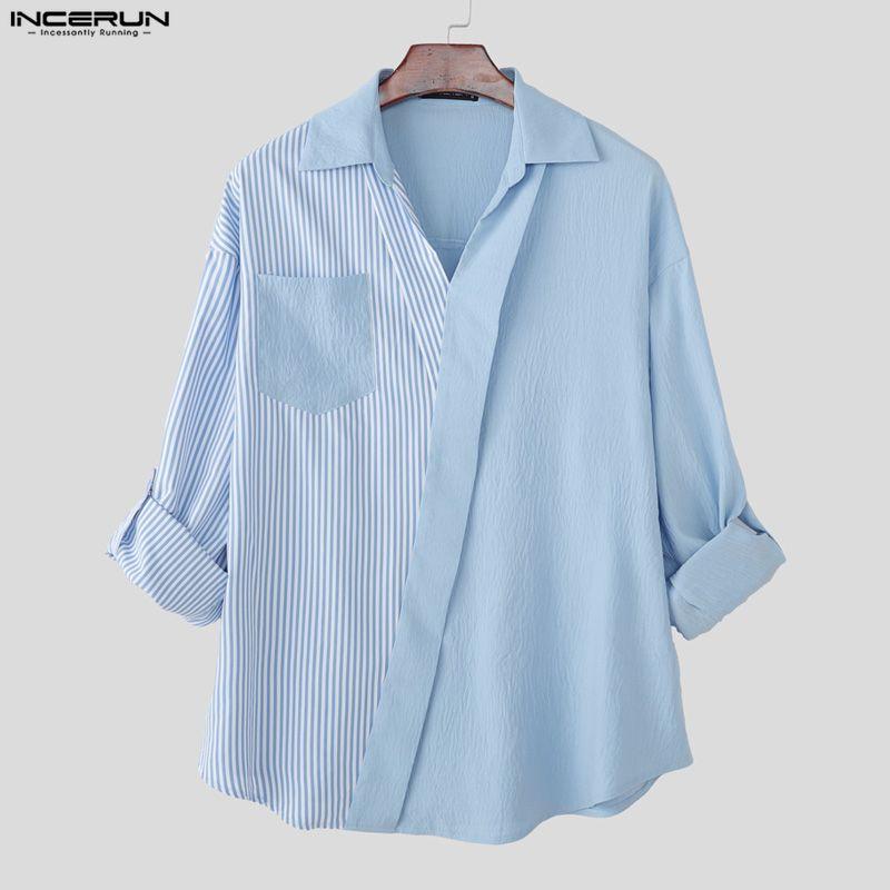 INCERUN Oversized Men Lapel Neck Long Sleeve Striped Patchwork Casual Shirts Tops 