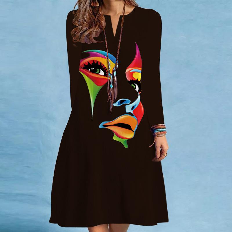 Women's Spring/summer Print Long-sleeved Dress V-neck Loose Swing Long-sleeved Mid-length Dress