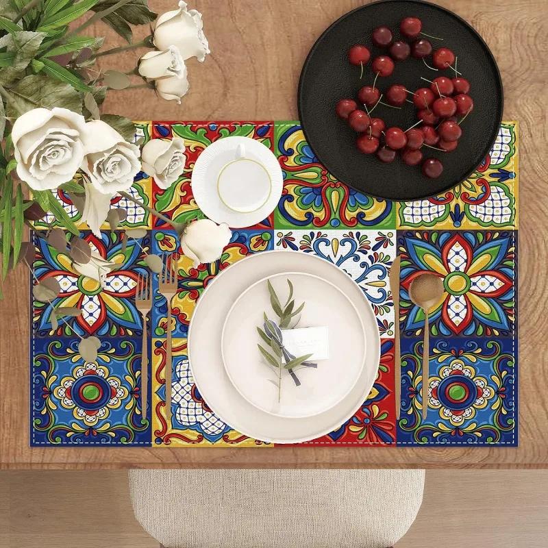 1PC Mexican Talavera Ceramic Tile Printed Placemats Washable Placemats Are Suitable for Kitchen Party Restaurants