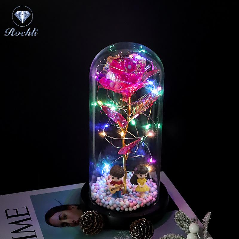 Rose Flower Preserved in Glass Dome with Night Light - Mother's Day or Birthday Gift Ornament