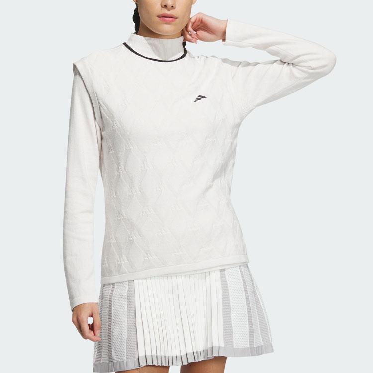 adidas Two-In-One Polo Shirt And Vest Color Block Logo Long Sleeve Knit Top Women Tops White HZ6037