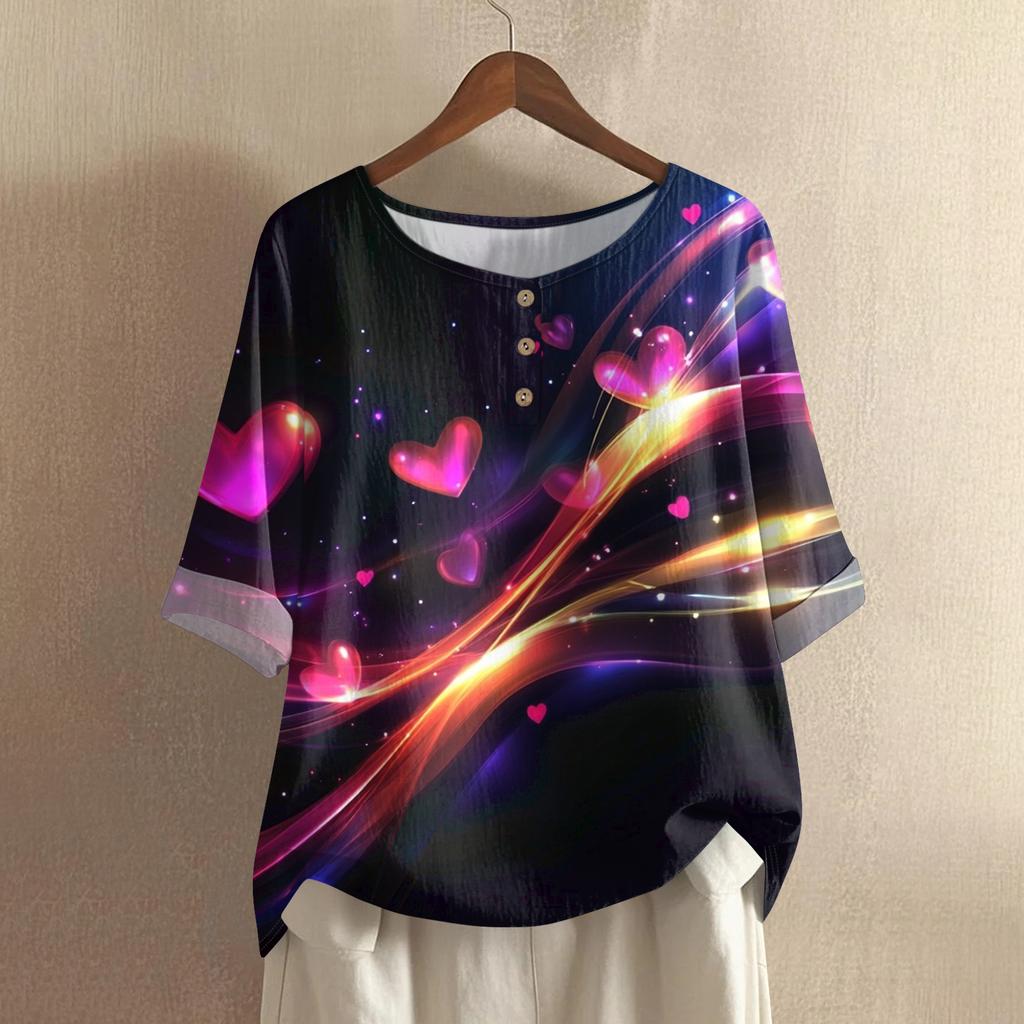 Damska casualowa i wygodna bawełniano-lniana bluzka z okrągłym dekoltem, średniej długości, z modnym nadrukiem