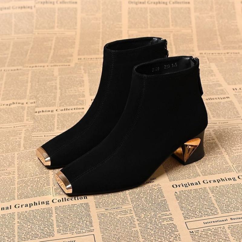 New Women's Retro Square Toe Suede Ankle Boots - Metal Toe Back Zipper Chunky Heel  Boots Design Autumn Winter