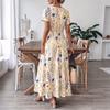 Summer New Style Country-style Maxi Skirt with Small Floral Patterns, Square Neckline, Fitted Waist, and Short Sleeves.