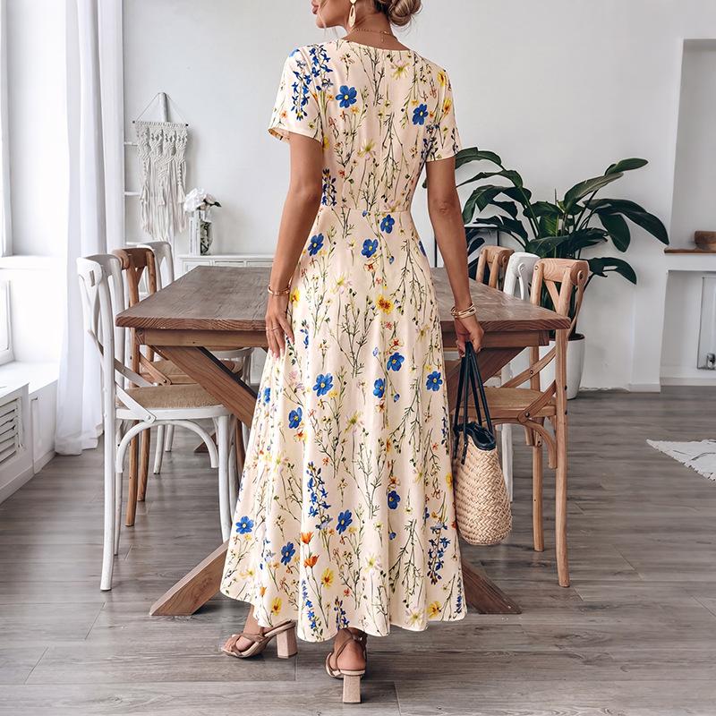 Summer New Style Country-style Maxi Skirt with Small Floral Patterns, Square Neckline, Fitted Waist, and Short Sleeves.