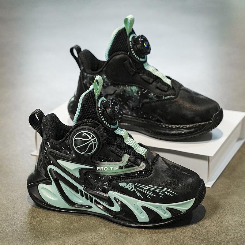 Factory Explosion Rotating Buckle Leather Platform Sneakers Non-slip Actual Combat Children's Cool Basketball Shoes Outdoor