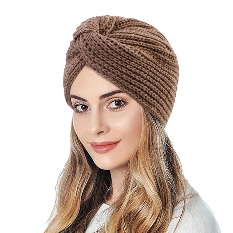 Women's Solid Color Winter Knitted Turban Hat Imitation Cashmere Cross Twisted Hat for Women Bohemian Style Hijab Caps