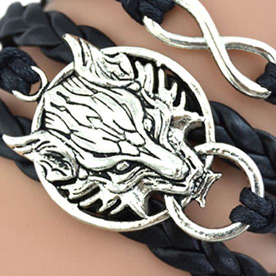 Women's Wolf Head Retro Braided Faux Charm Infinite Leather Wax Cord Bracelet