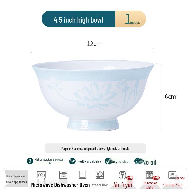 Tangshan Bone China Tableware Set: Underglaze Rice Bowls, Plates, Noodle & Soup Bowls, Chopsticks Combination.