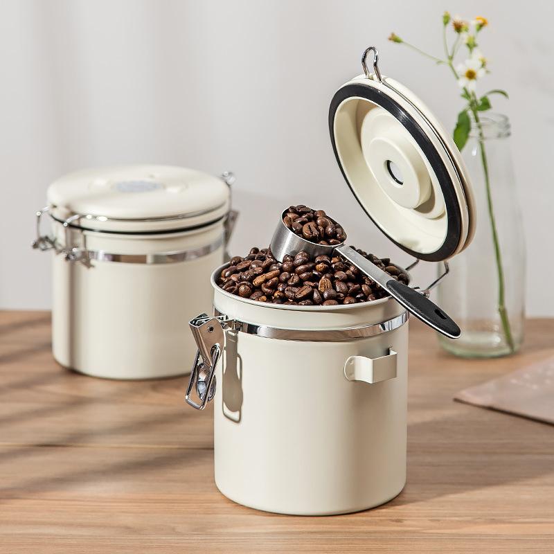 1.2 1.5 1.8L Coffee Bean Jar Airtight Canister Sealed Stainless Steel With Spoon One Way Valve Cannister Coffee Storage Kitchen