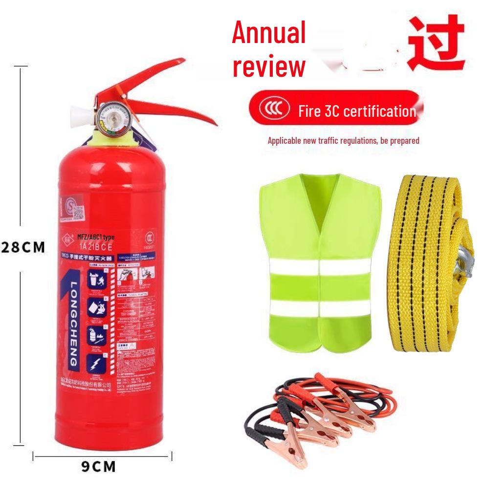 1kg Trockenpulver Handfeuerlöscher mit Feuerwarnschild und Jahresinspektionsset für Fahrzeuggebrauch