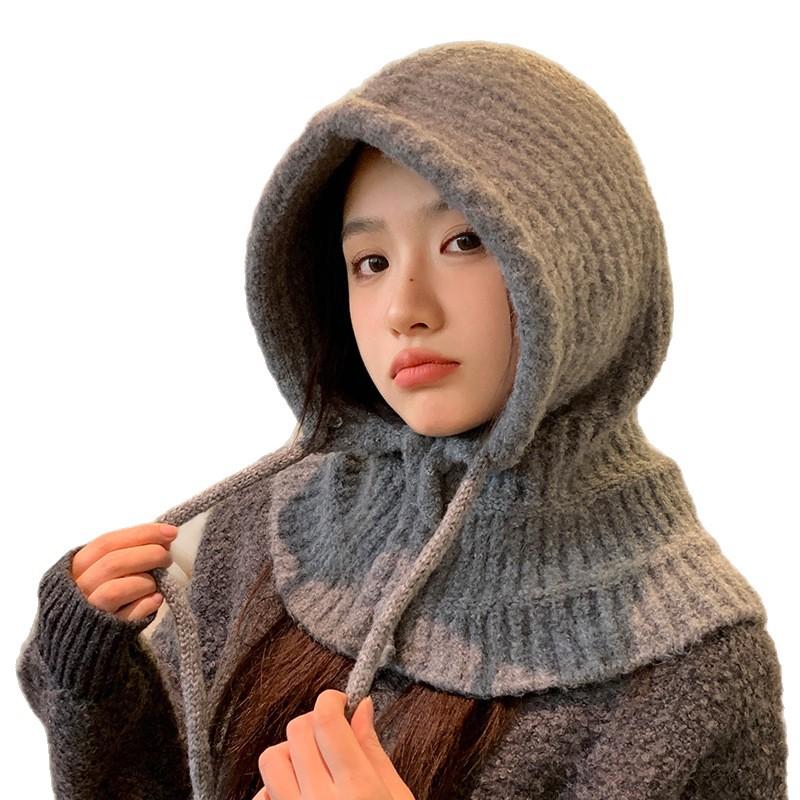 Balaclava Hat with Thickened Warm Scarf In Autumn and Winter Korean Version of Big Head Windproof Ear Protection Wool Hat
