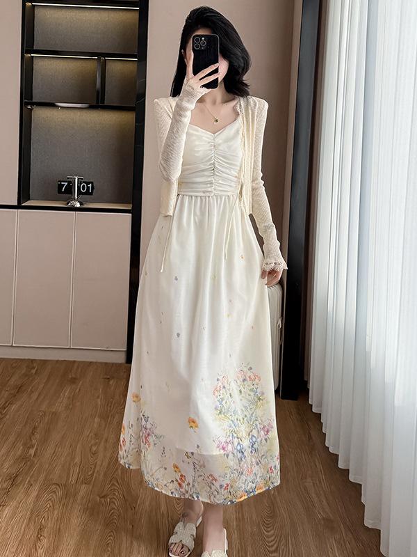 Women's Summer Spaghetti Strap Two-Piece Dress Set: Pure Style, Heavy Duty Print, Slimming Waist, Versatile Long Dress