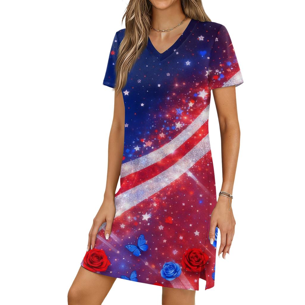Women's Casual V-neck Short Sleeve Split Hem Independence Day Printed Dress