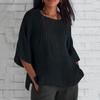 Seven Quarter Sleeve Pleated Round Neck Top Cotton and Linen Women’s Blouses & Shirts