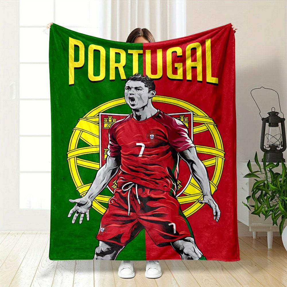 Illustration of a Soccer Player In Red with Portugal Flag Background Details. for All Seasons Blanket Lunch Break Throw Gift 75X95CM