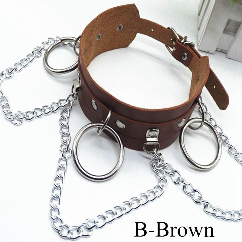 Women'S Fashion Punk Street Snap Nightclub Pu Leather Choker Metal Ring Chain Necklace Collar Rivets Goth Belt Adjustable Buckle Neck Accessories