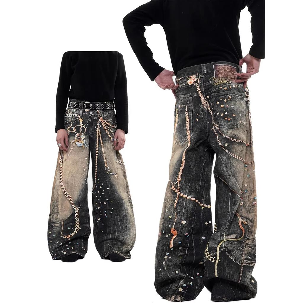 American trendy men's and women's fried street deconstruction metal loose wide-leg pants Gypsy loose drape design micro-pull pants