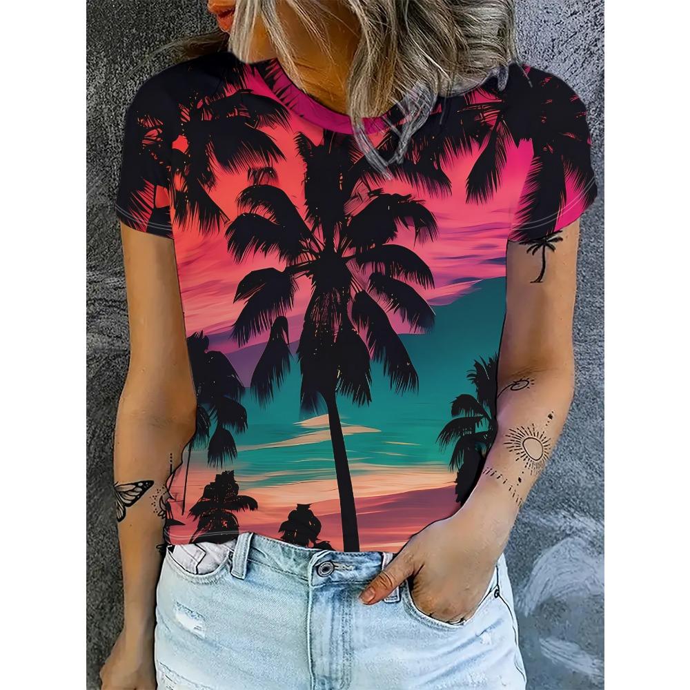 Ladies Coconut Tree Sunset Printed Short sleeved T-shirt 2XS