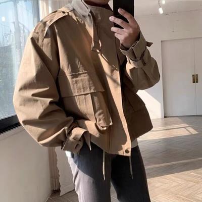Men Windbreaker Lapel Long Sleeve Solid Color Jacket Zipper Placket Large Pockets Drawstring Hem Casual Outwear